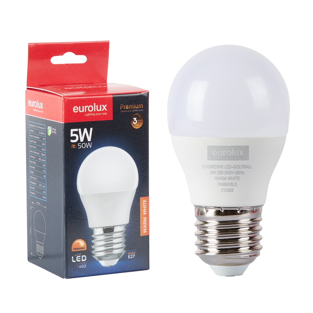 5W E27 Golfball Premium Warm White Dimmable
