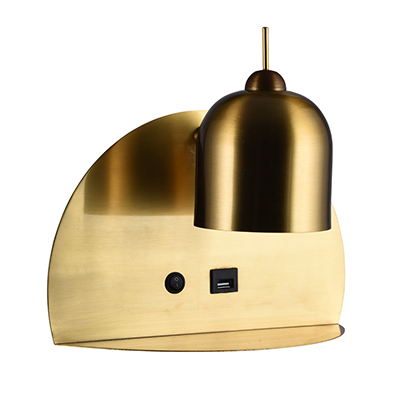 gold wall light with an adjustable head, built in shelf and USB port