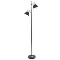 freestanding floorlamp in black with two adjustable heads in cone shades with silver details
