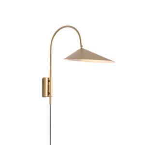 surface mounted wall light with curved arm, arum wall light in gold with white inner shade