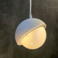 hanging light with two half spheres and a sandy texture colour white