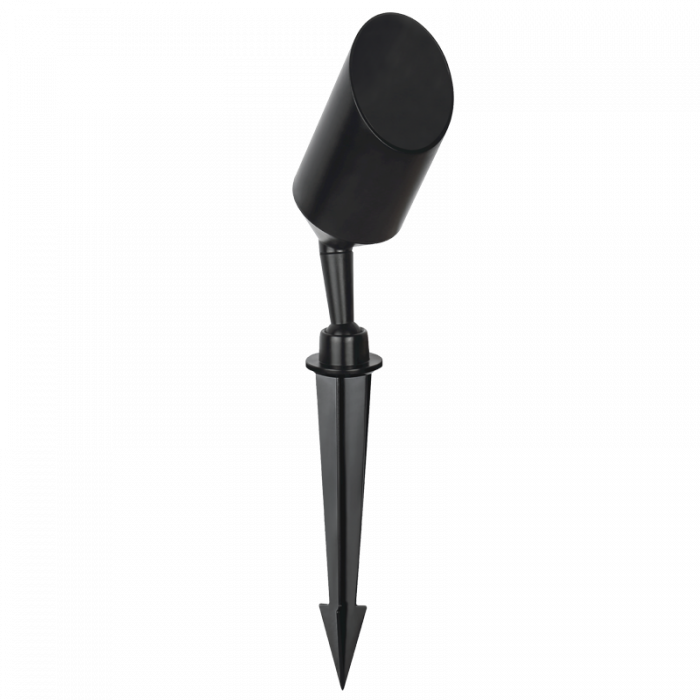 black garden spotlight with glass lens and cowl on a spike