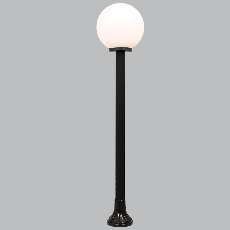 garden bollard in black with an opal ball diffuser on top