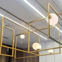cluster of gold metal frames with opal glass diffusers