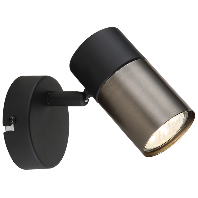 round ceiling mounted spot light with one spot heads in black with brushed bronze