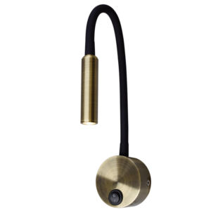 surface mounted wall light for reading with LED tube spot and adjustable gooseneck in black and gold