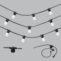 strings of festoon lights in black with white bulbs