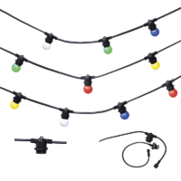 strings of festoon lights in black with colourful bulbs