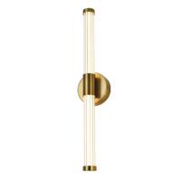 cylindrical glass wall light with gold details on a round backing mount