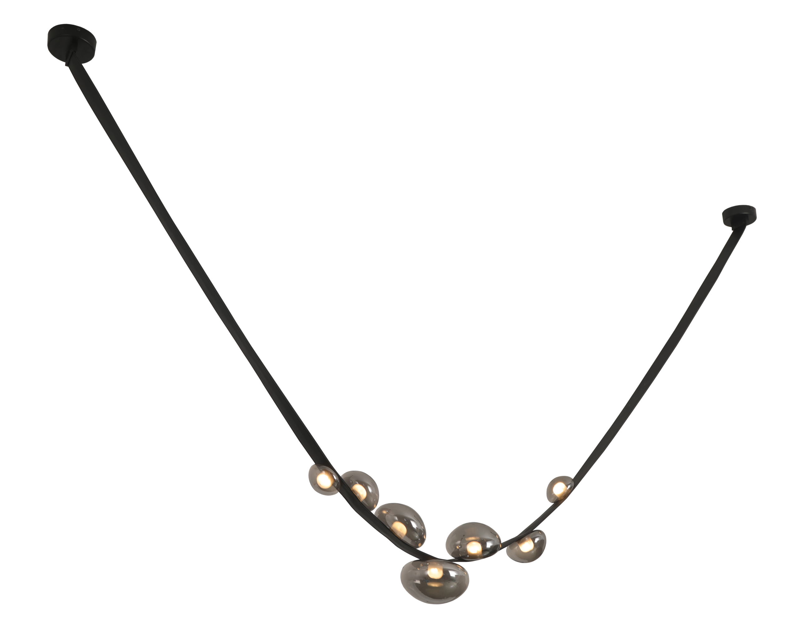 black leather belt strap mounted on the ceiling with glass beads with LED lights inside