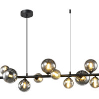 horisontal metal rod with glass spheres making up a chandelier pendant in black and smoke