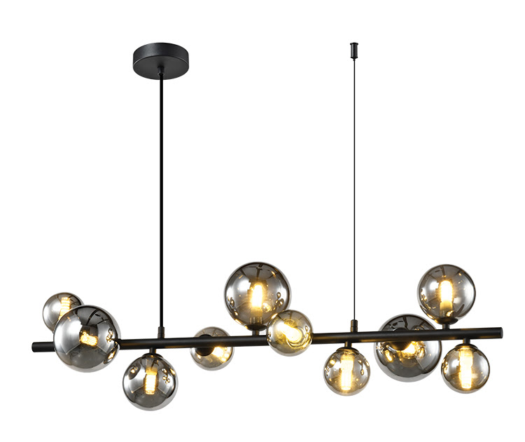 horisontal metal rod with glass spheres making up a chandelier pendant in black and smoke