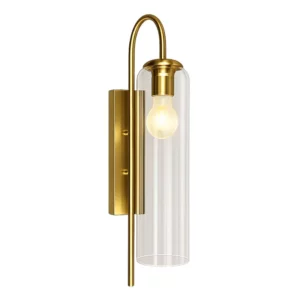 wall mounted light with a long stem and curved arm in gold and clear fluted glass