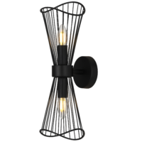 black wall light with wire frame shade and clear edison candle lamp
