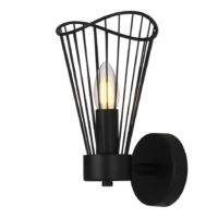 black wall light with wire frame shade and clear edison candle lamp