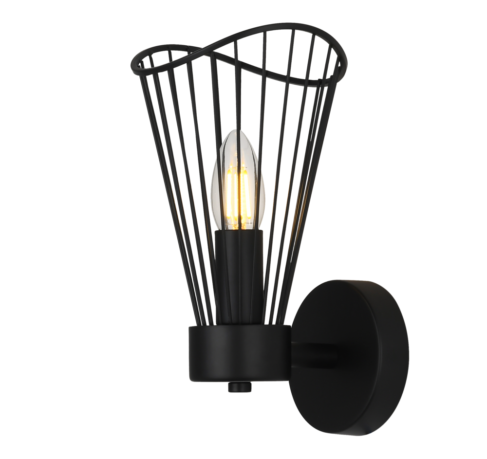 black wall light with wire frame shade and clear edison candle lamp