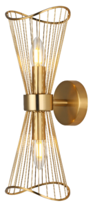 gold wall light with wire frame shade and clear edison candle lamp