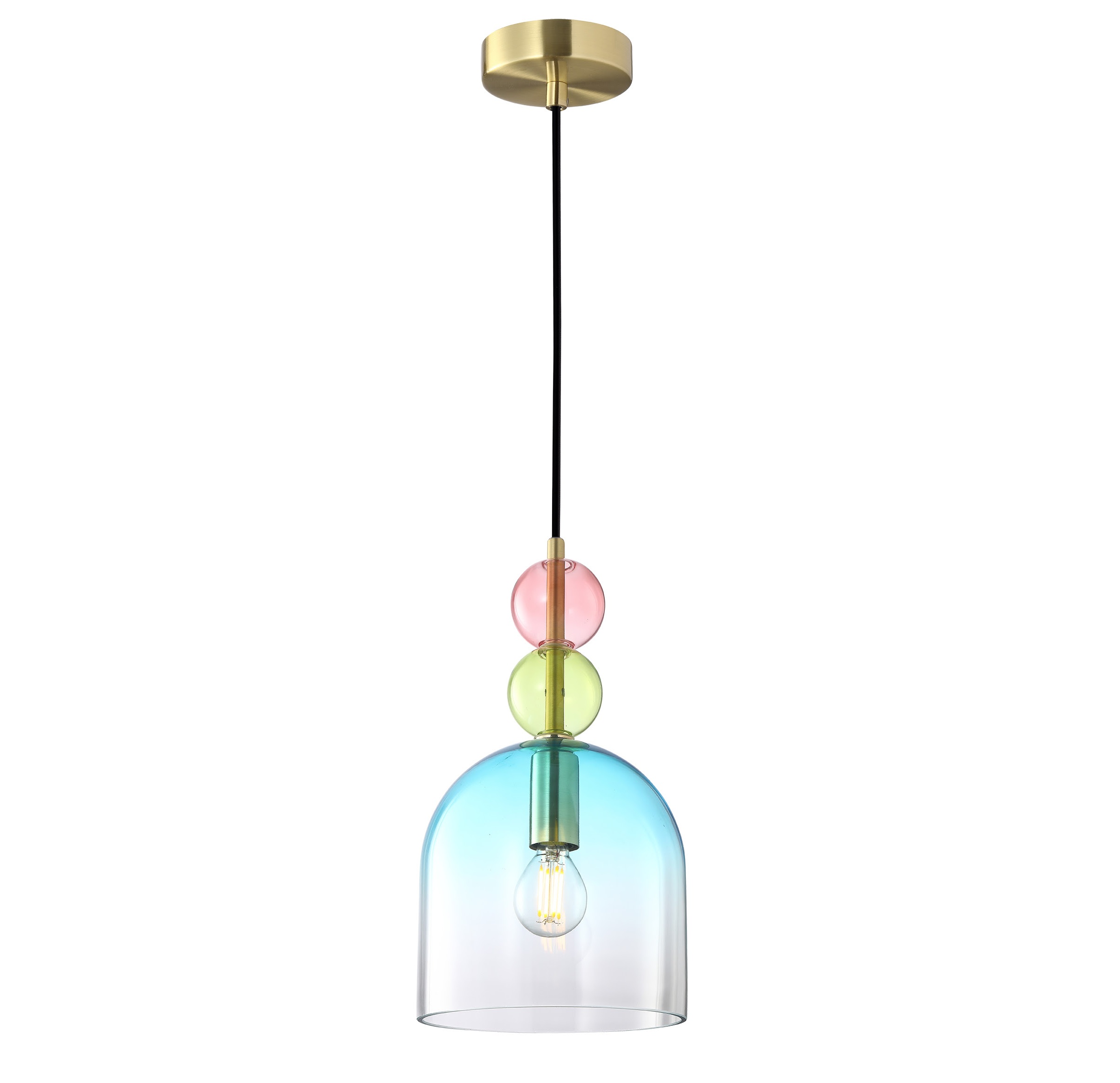 colourful hanging light with glass shade and gold detailing